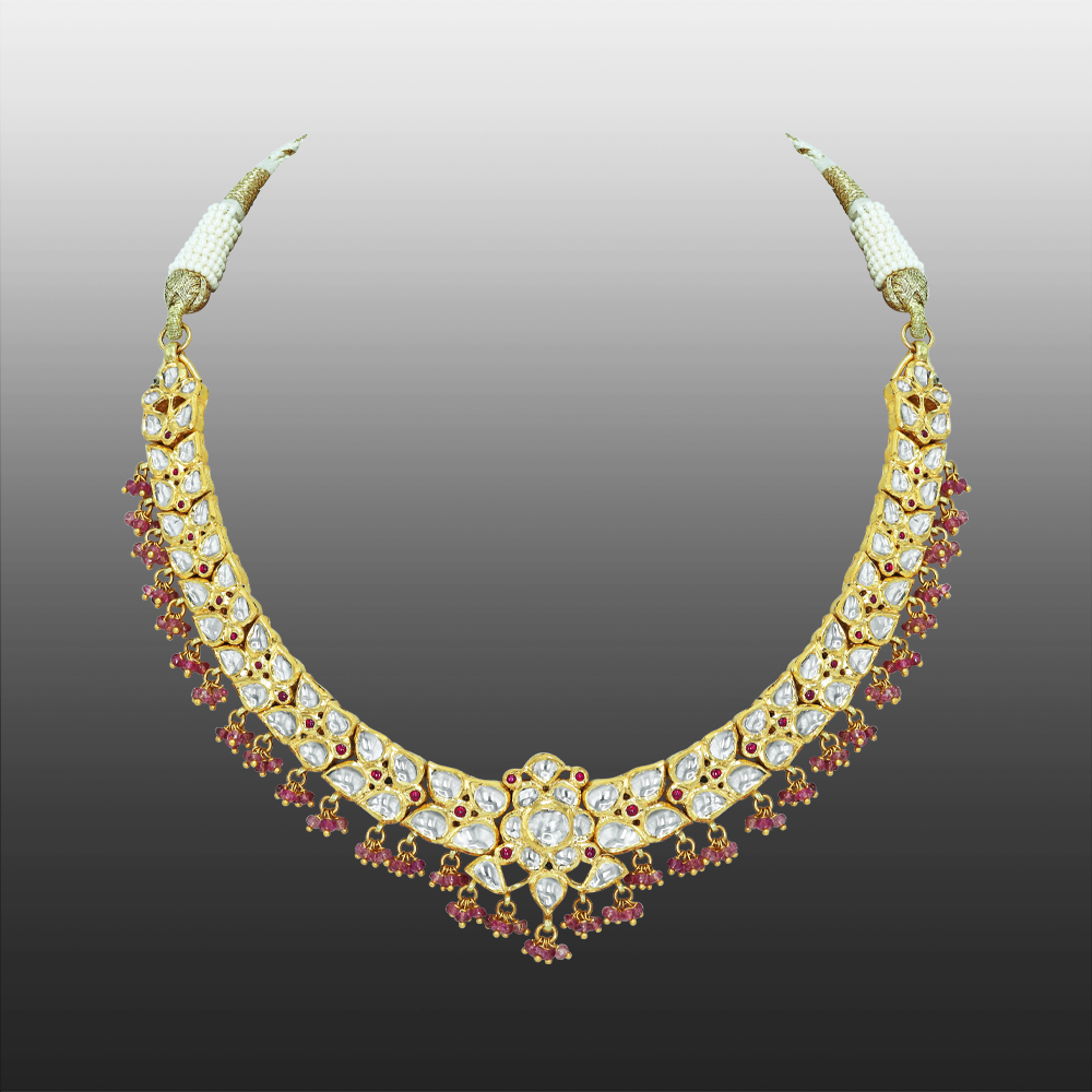 Floral Polki Necklace with Tourmaline Beads and Ruby Accents